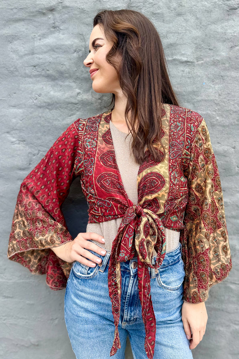 Upcycled Silk Sari Wrap Blouse In Ruby Paisley