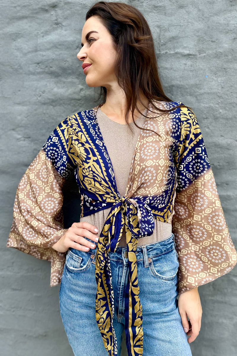 Upcycled Silk Sari Wrap Blouse In Golden Navy