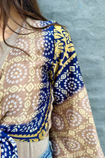 Upcycled Silk Sari Wrap Blouse In Golden Navy