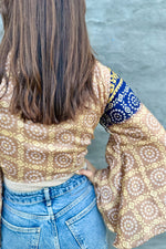 Upcycled Silk Sari Wrap Blouse In Golden Navy