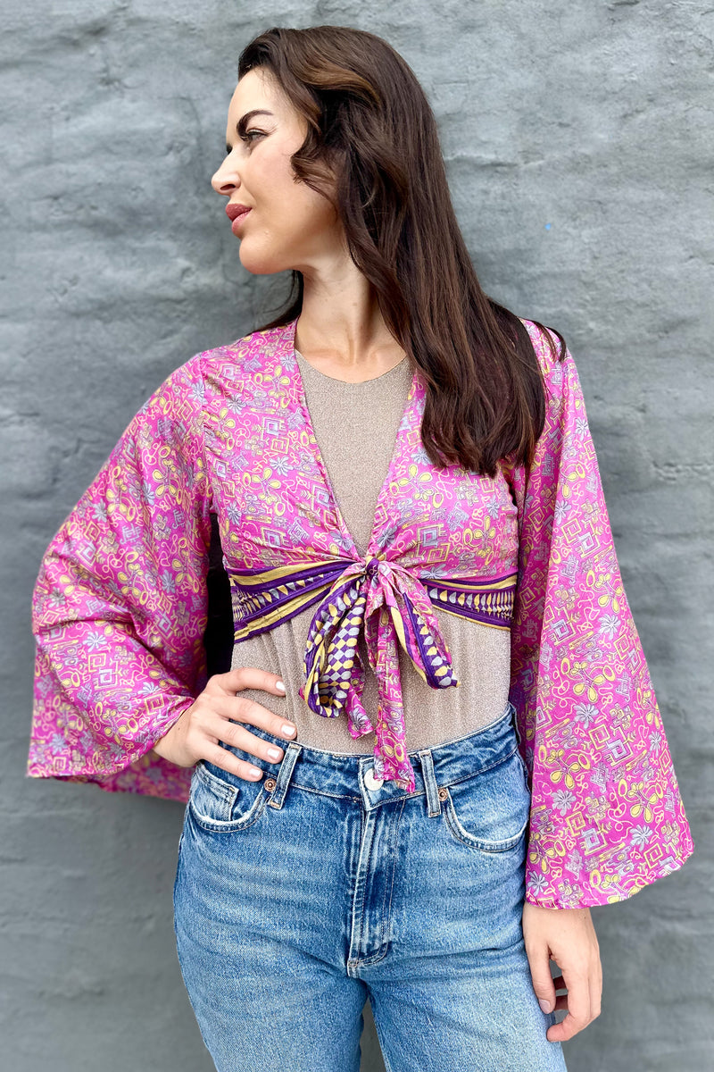 Upcycled Silk Sari Wrap Blouse In Pretty Pink