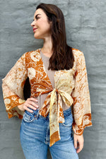 Upcycled Silk Sari Wrap Blouse In Caramel Batik