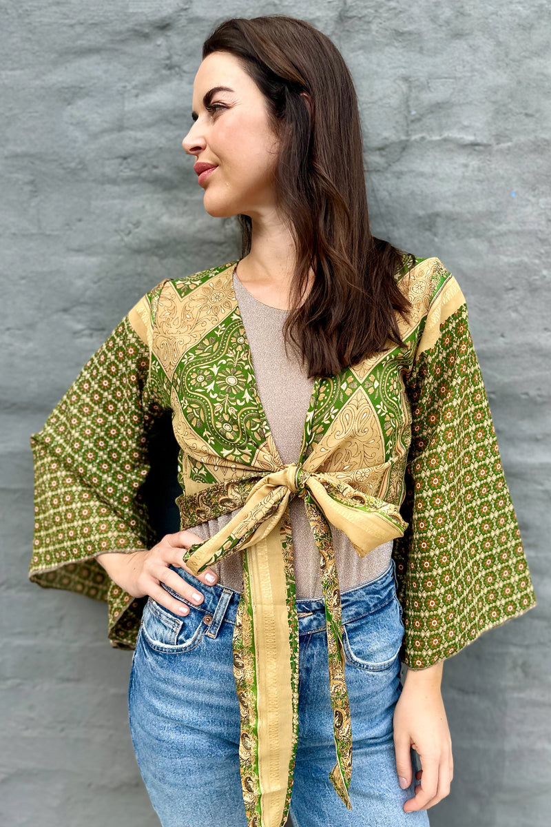 Upcycled Silk Sari Wrap Blouse In Golden Green