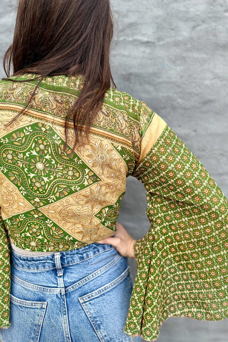 Upcycled Silk Sari Wrap Blouse In Golden Green