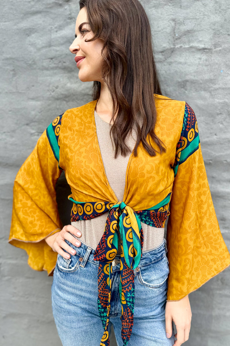 Upcycled Silk Sari Blouse In Mustard Damask