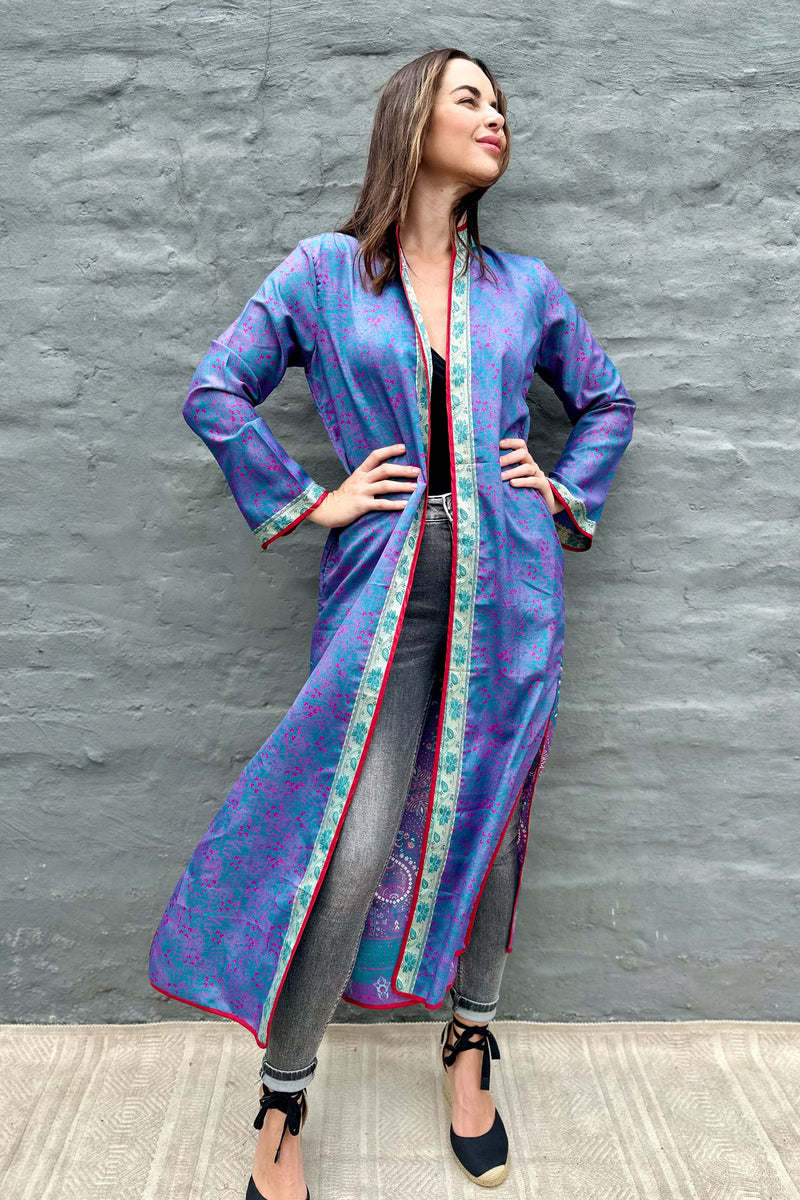 Upcycled Silk Sari Kimono In Jade Garden