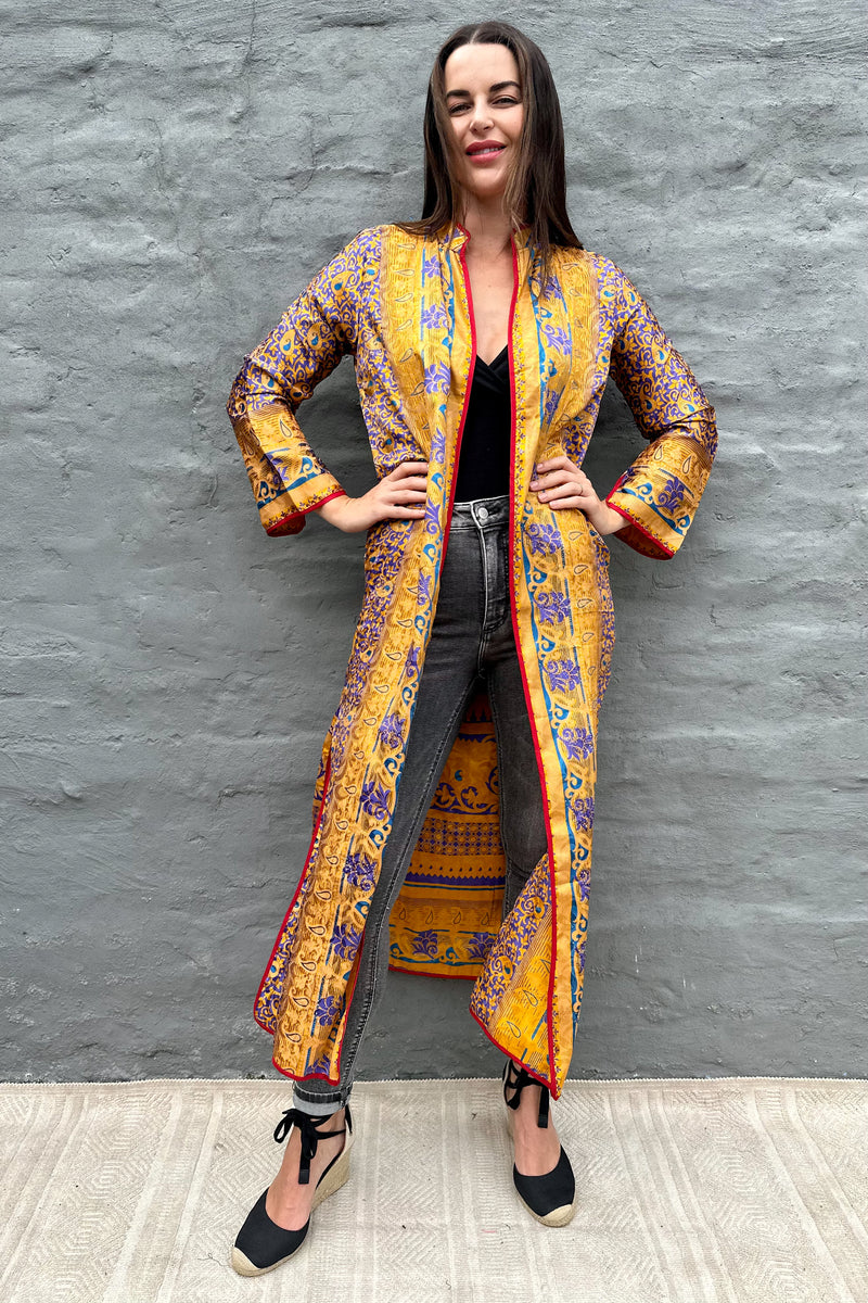 Upcycled Silk Sari Kimono In Golden Amethyst