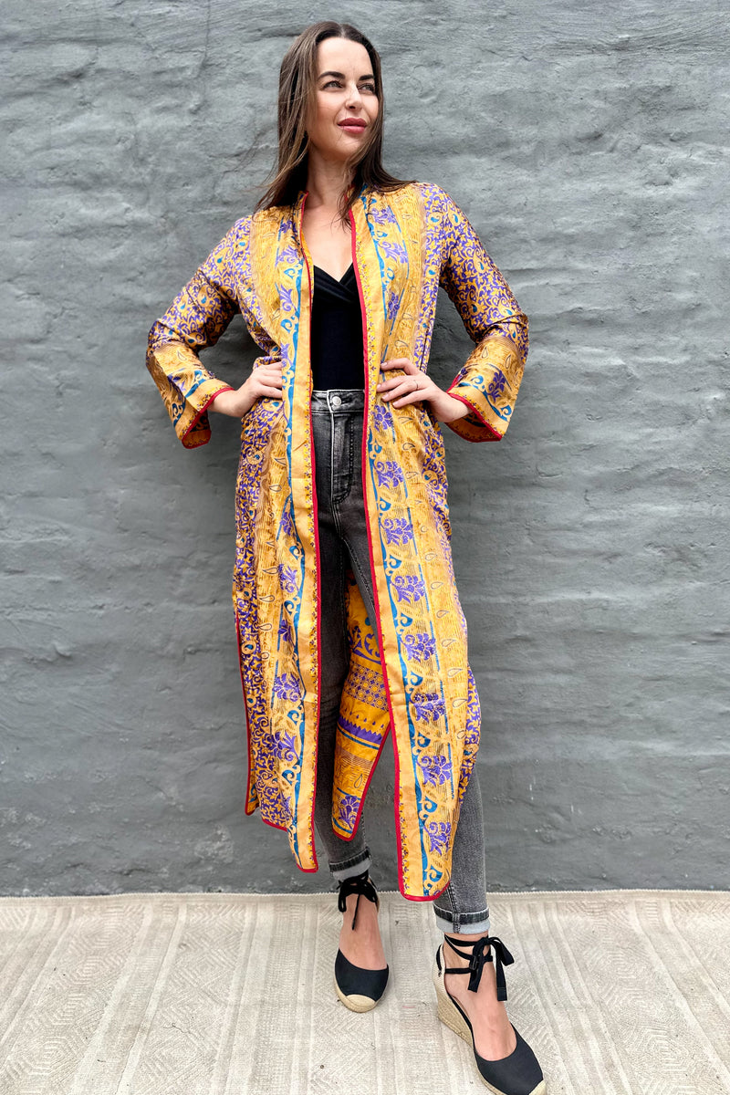 Upcycled Silk Sari Kimono In Golden Amethyst