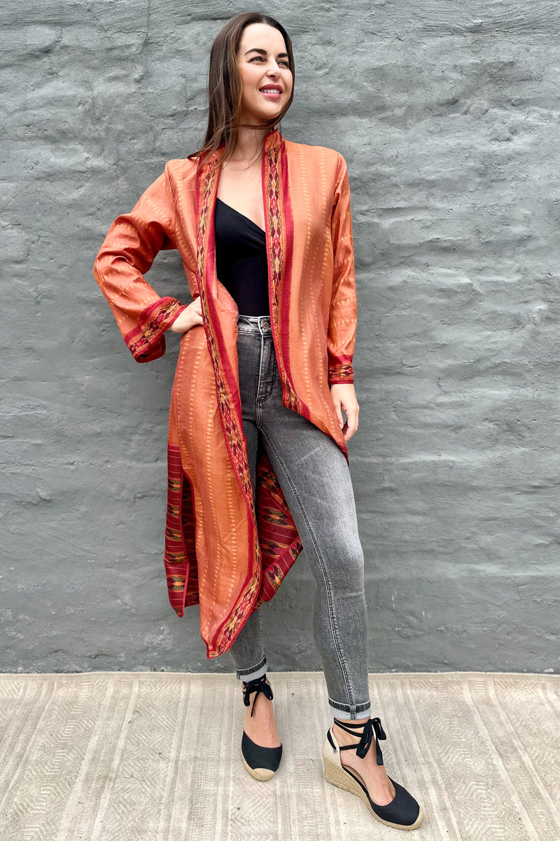 Upcycled Silk Sari Kimono In Sienna Aztec