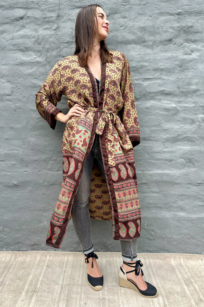 Upcycled Silk Sari Kimono In Chocolate Paisley