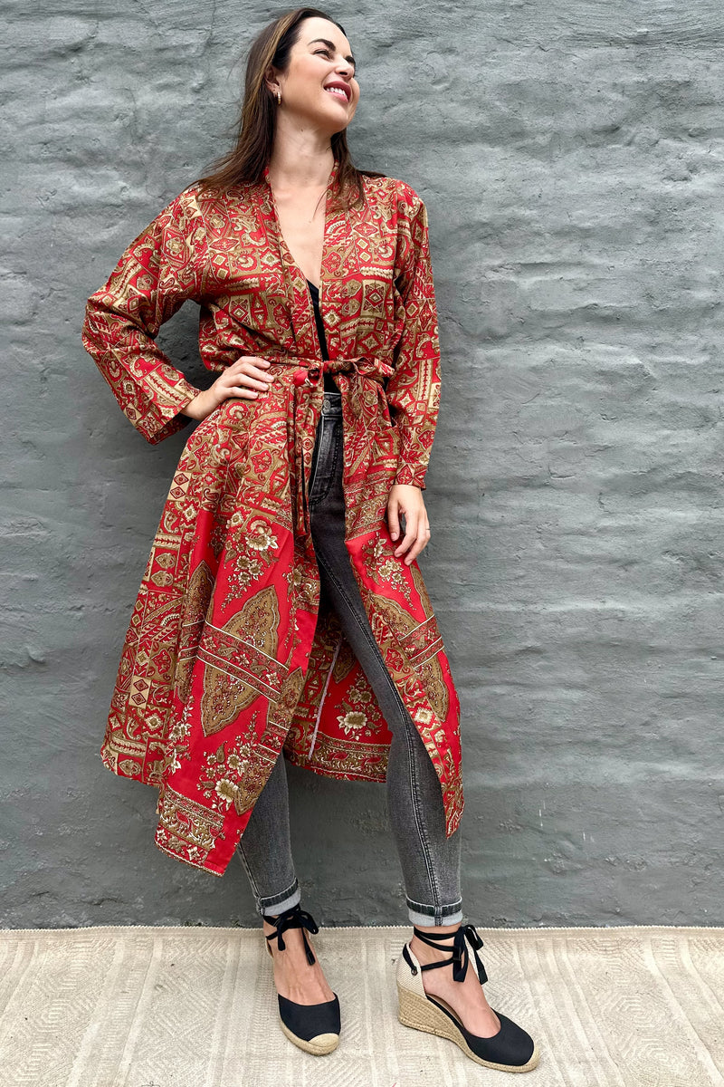 Upcycled Silk Sari Kimono In Crimson Chic