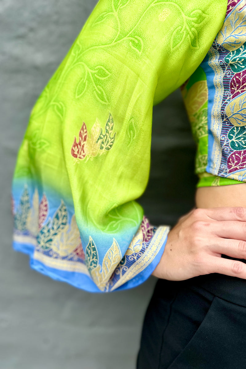 Upcycled Silk Sari Wrap Blouse In Lime Leaves