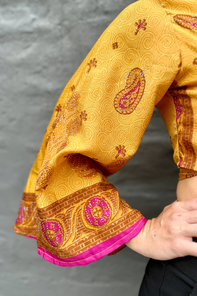 Upcycled Silk Sari Wrap Blouse In Paisley Gold