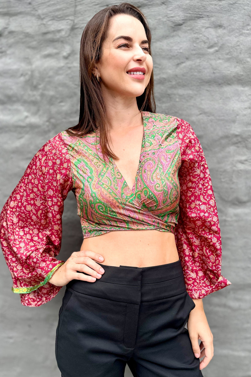 Upcycled Silk Sari Wrap Blouse In Pretty Paisley