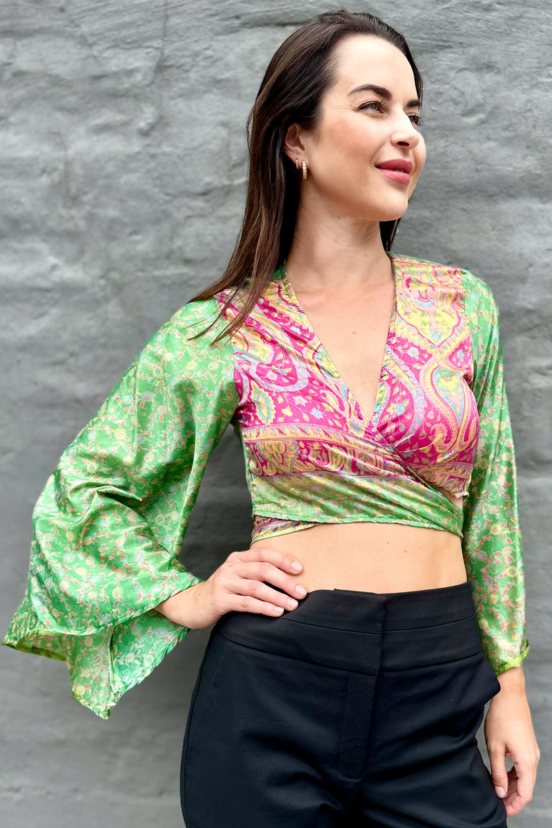Upcycled Silk Sari Wrap Blouse In Lovely Lime