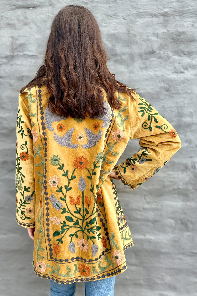 Velvet Mid-Length Jacket In Mustard