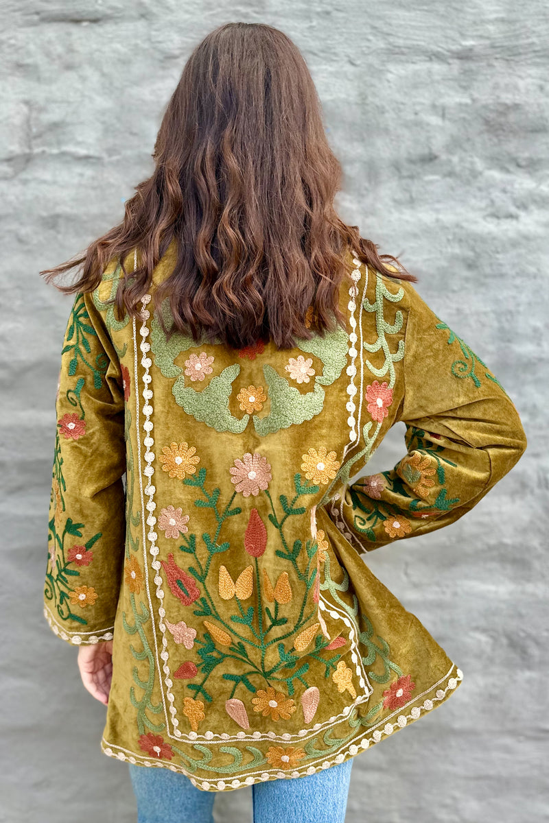 Velvet Mid-Length Jacket In Golden Olive