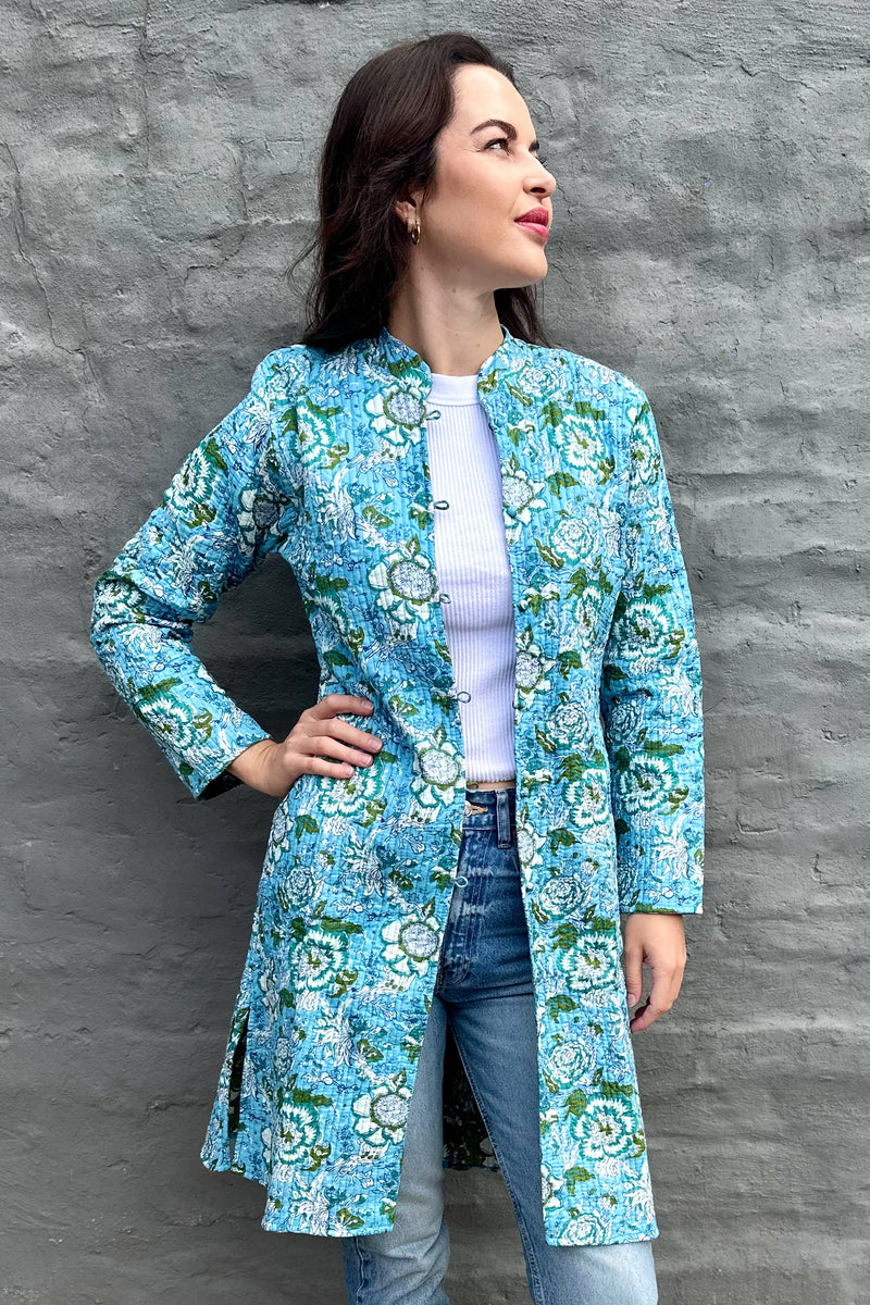 Quilted Cotton Coat In Sky Floral