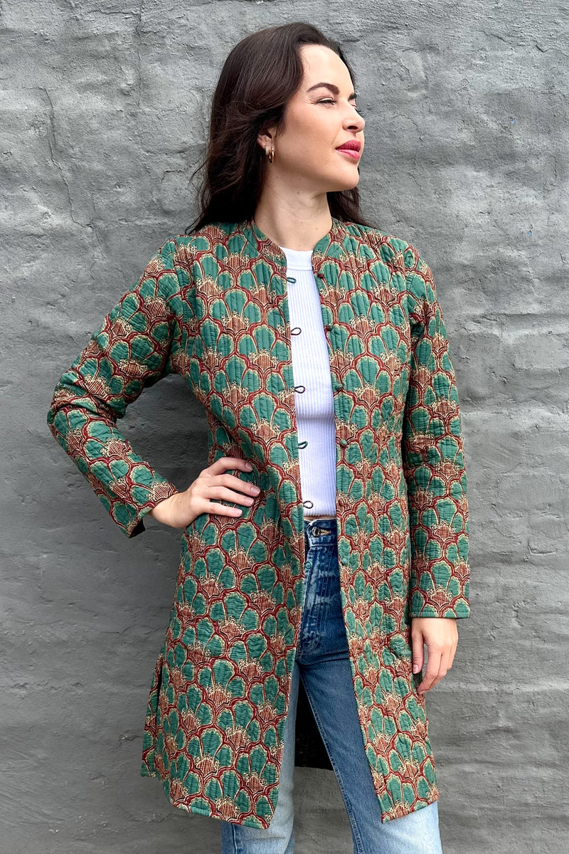 Quilted Cotton Coat In Blue Green Flora