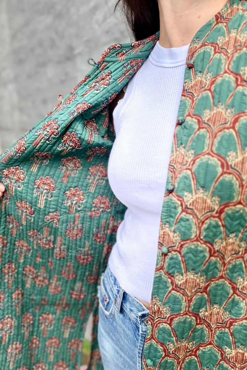 Quilted Cotton Coat In Blue Green Flora