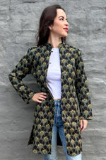 Quilted Cotton Coat In Ebony & Teal Fan