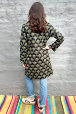 Quilted Cotton Coat In Ebony & Teal Fan