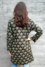 Quilted Cotton Coat In Ebony & Teal Fan