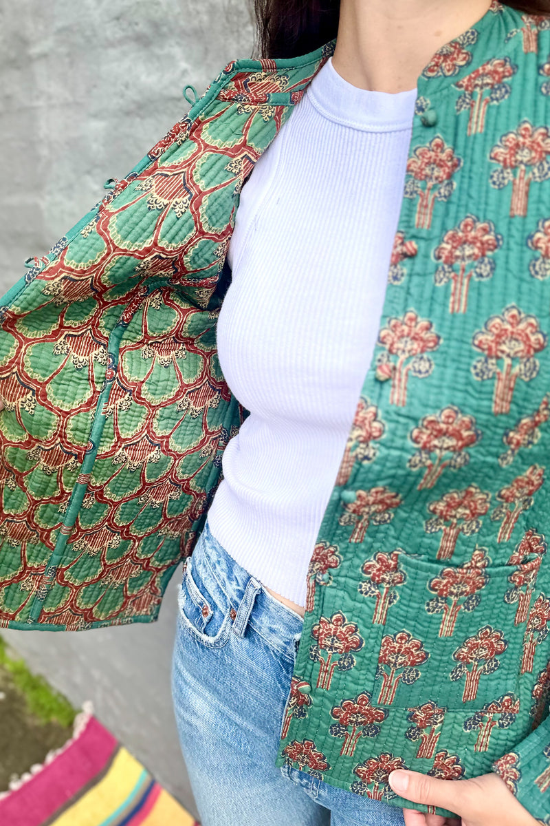 Quilted Cotton Jacket In Blue Green Flora