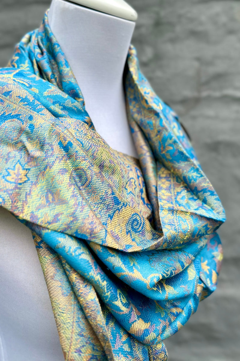 Cashmere & Bamboo Scarf In Sky Blue Botanical