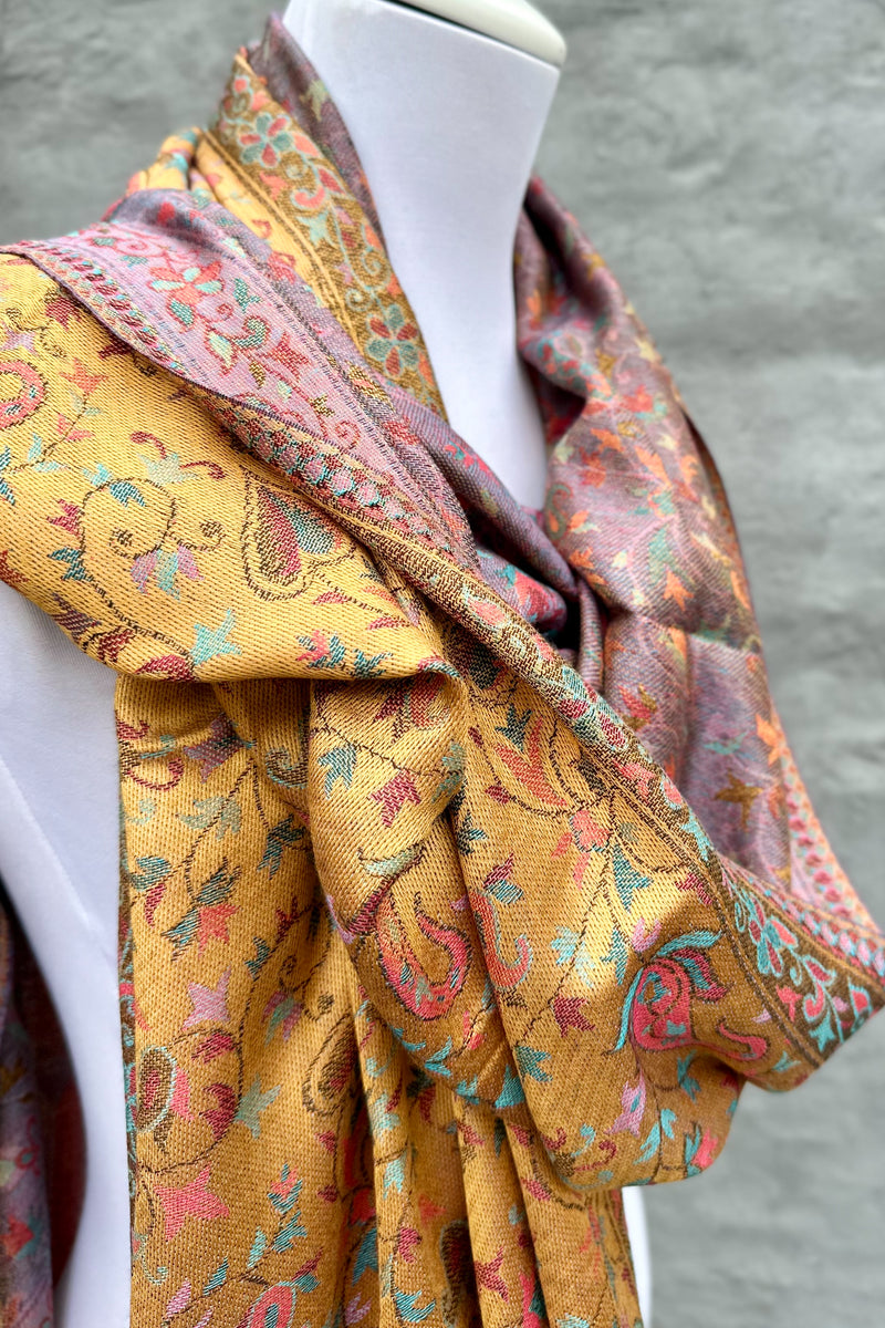 Cashmere & Bamboo Scarf In Mustard & Lilac Floral