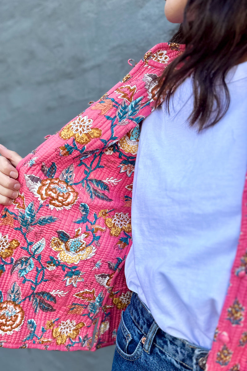 Quilted Cotton Jacket In Bright Pink Posy