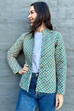 Quilted Cotton Jacket In Teal & Peach Rose