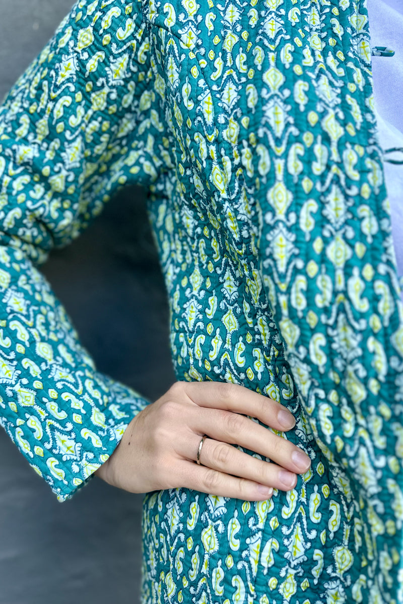 Quilted Cotton Coat In Teal & Lime