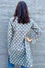 Quilted Cotton Coat In Grey & Yellow Lotus