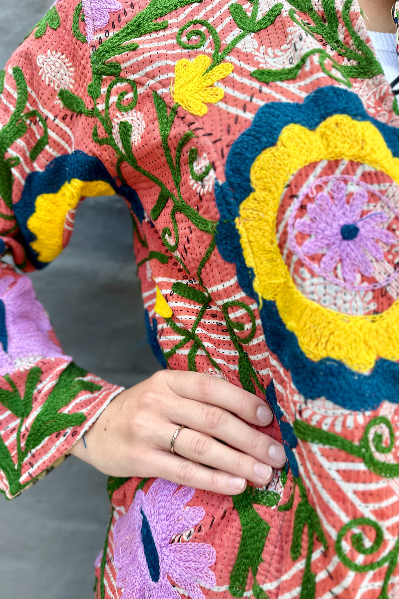 Embroidered Kantha Jacket In Blue & Yellow Flower