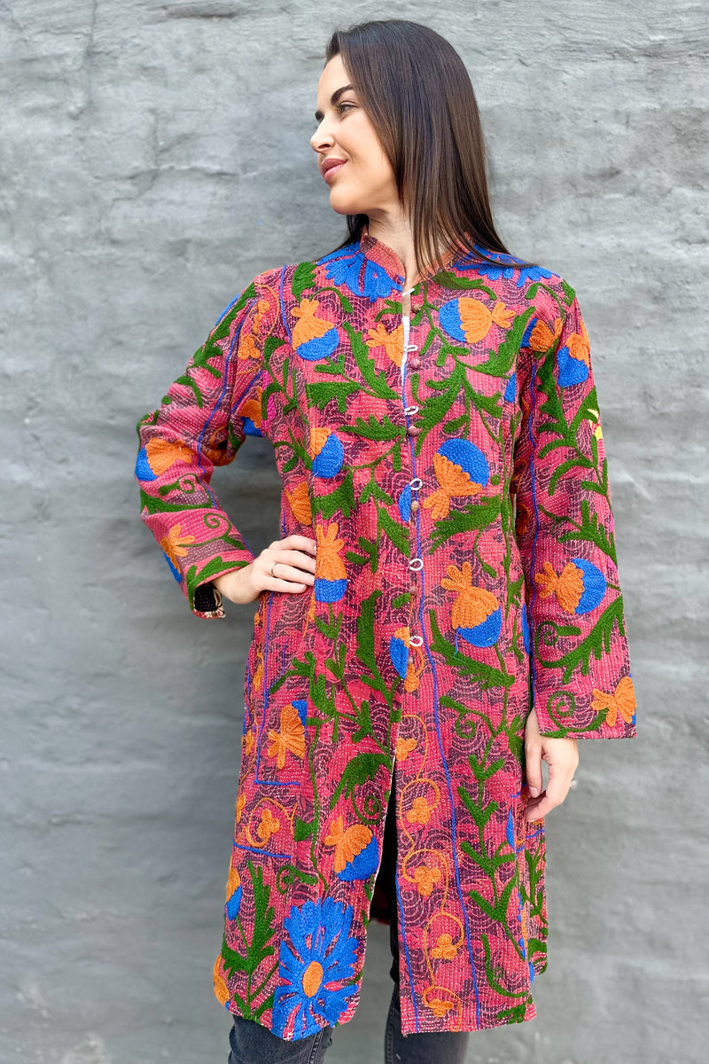 Embroidered Kantha Jacket In Cyan & Orange Dandelion