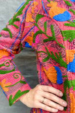 Embroidered Kantha Jacket In Cyan & Orange Dandelion