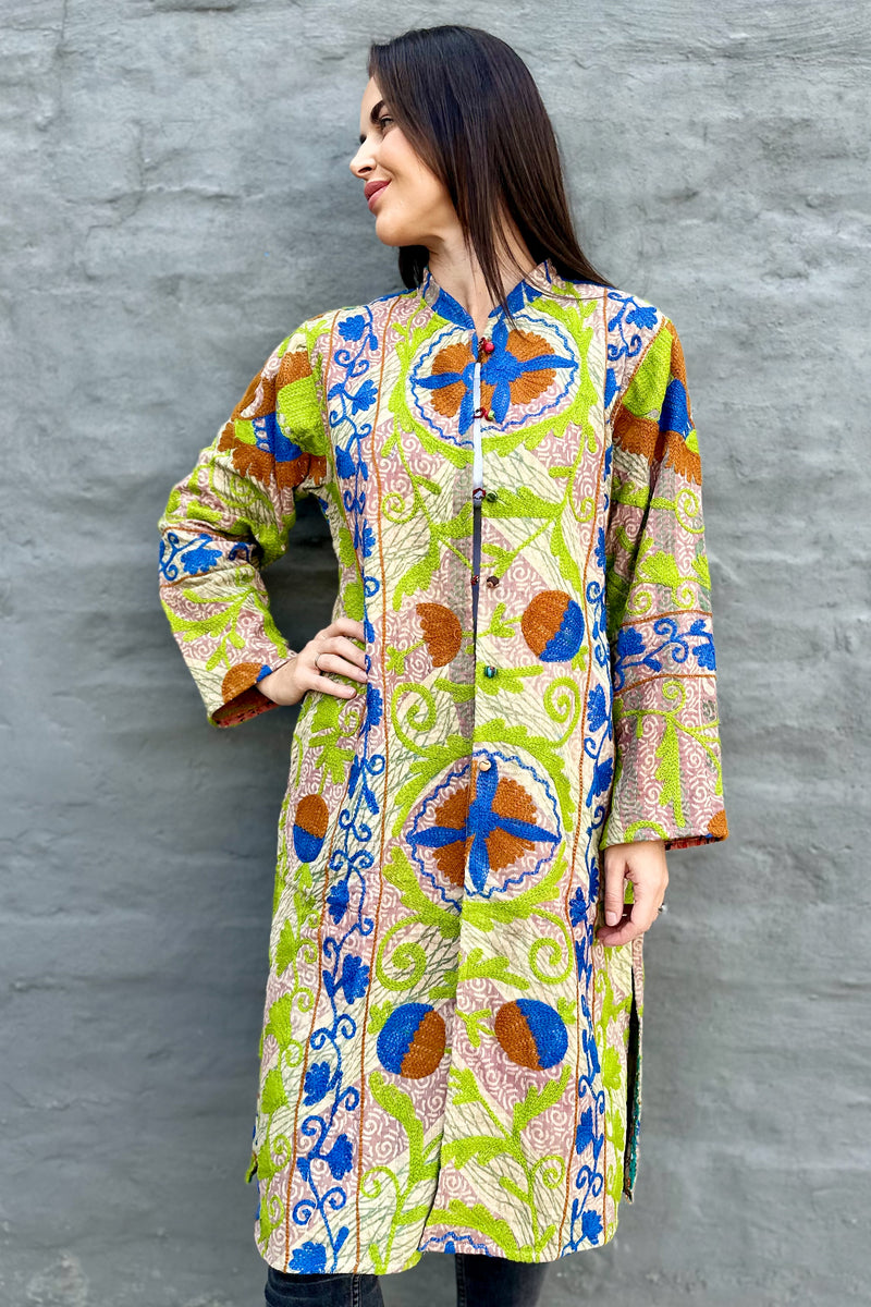 Embroidered Kantha Jacket In Blue & Lime Vine