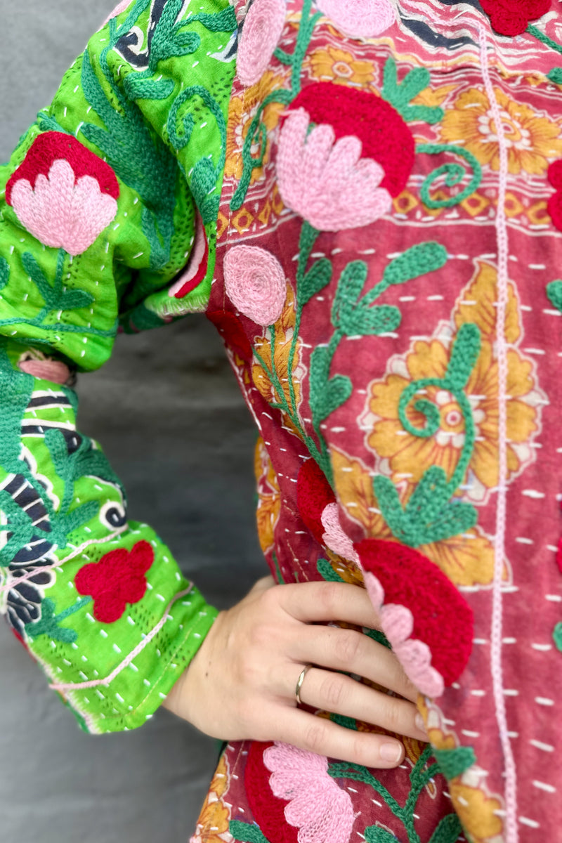 Embroidered Kantha Jacket In Blush & Ruby Dandelion