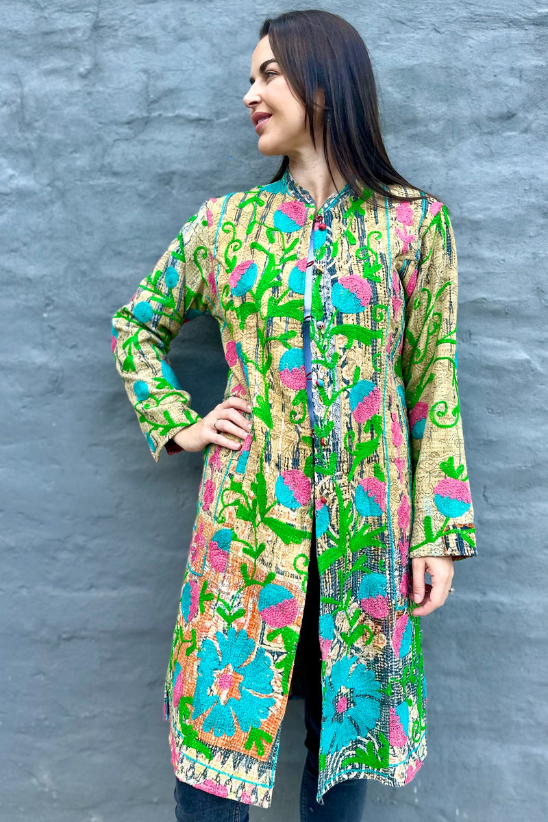 Embroidered Kantha Jacket In Pink & Turquoise Dandelion