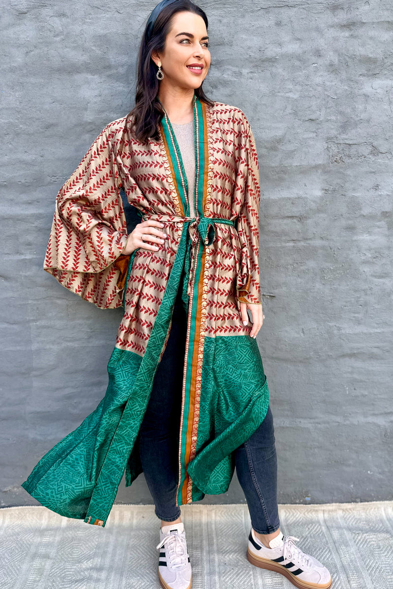 Upcycled Silk Sari Kimono In Rusty Teal Vine