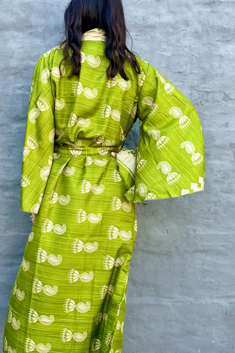 Upcycled Silk Sari Kimono In Lime Jhumka