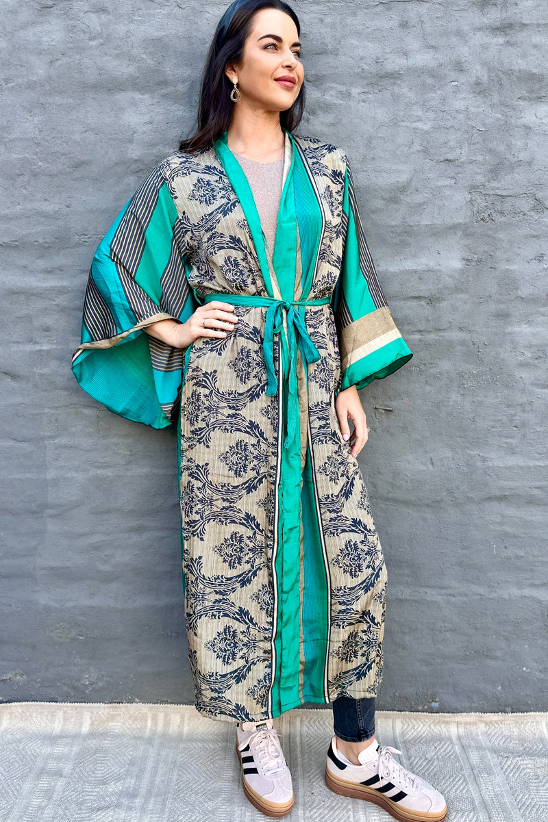 Upcycled Silk Sari Kimono In Navy & Teal Baroque