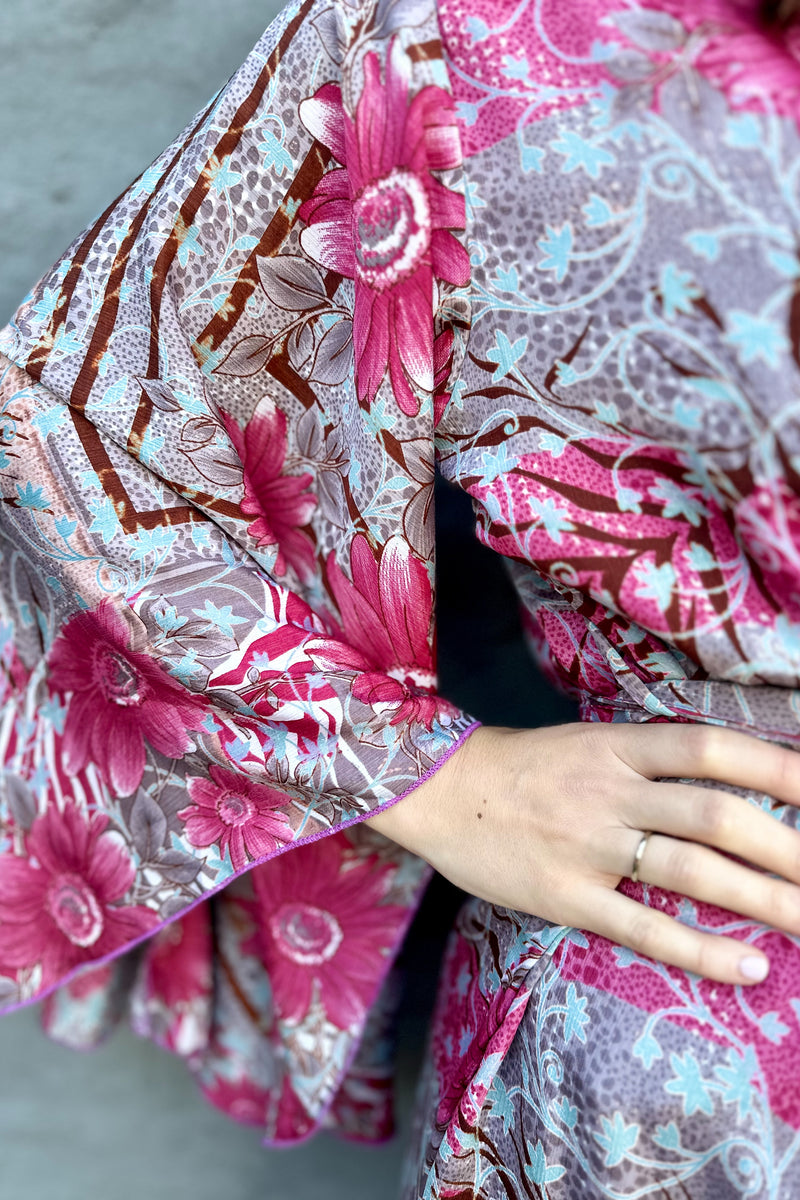 Upcycled Silk Sari Kimono In Silvery Pink