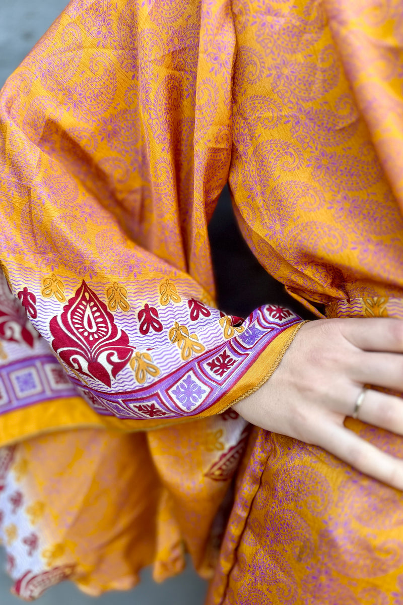 Upcycled Silk Sari Kimono In Orange & Lilac Paisley