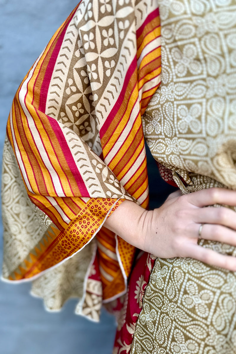 Upcycled Silk Sari Kimono In Olive Mosaic