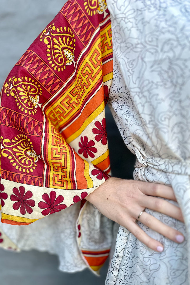 Upcycled Silk Sari Kimono In Sandy Botanical