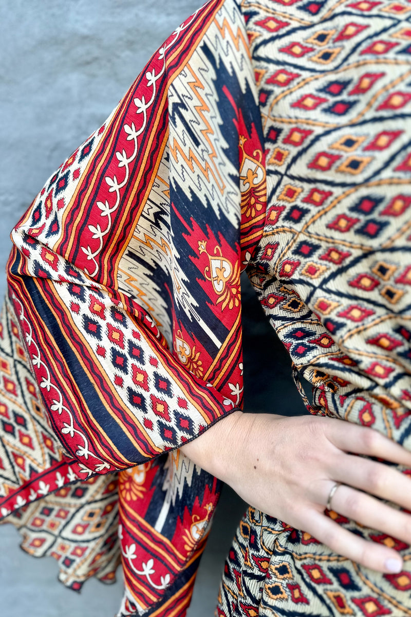 Upcycled Silk Sari Kimono In Golden Ruby Geometric