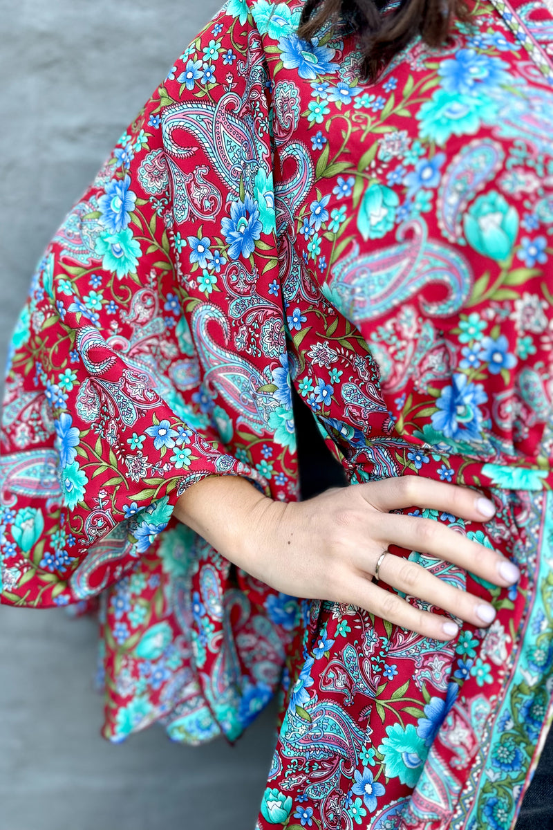 Upcycled Silk Sari Kimono In Crimson Paisley