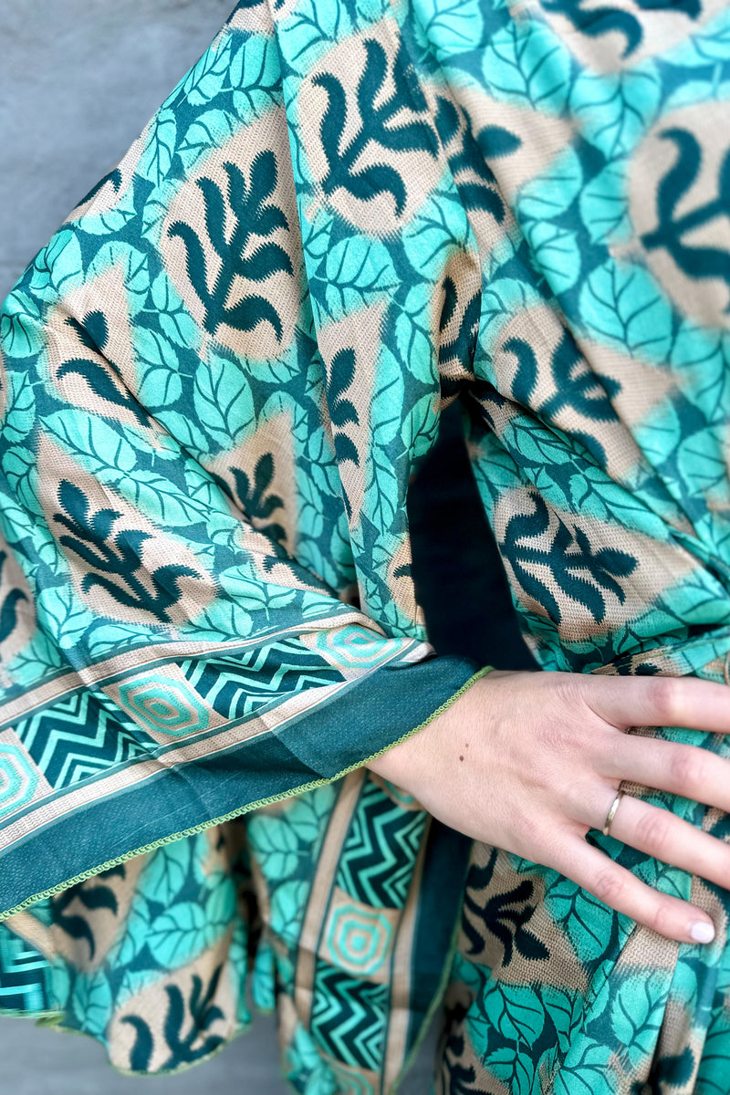 Upcycled Silk Sari Kimono In Teal Leaf